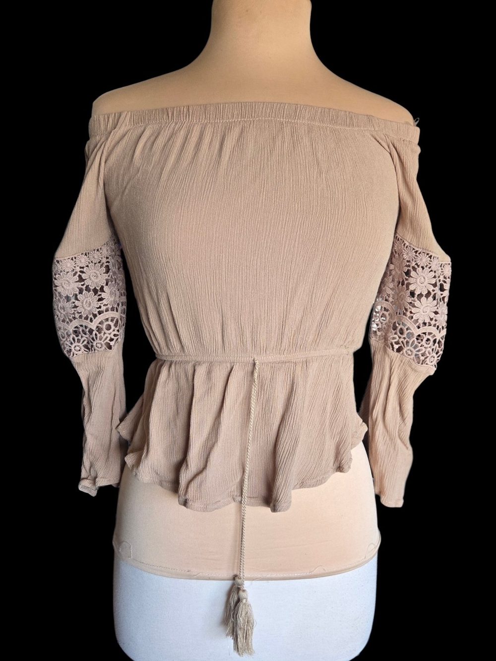 Women's Beige Off-Shoulder Peplum Blouse with Lace Sleeves Sz